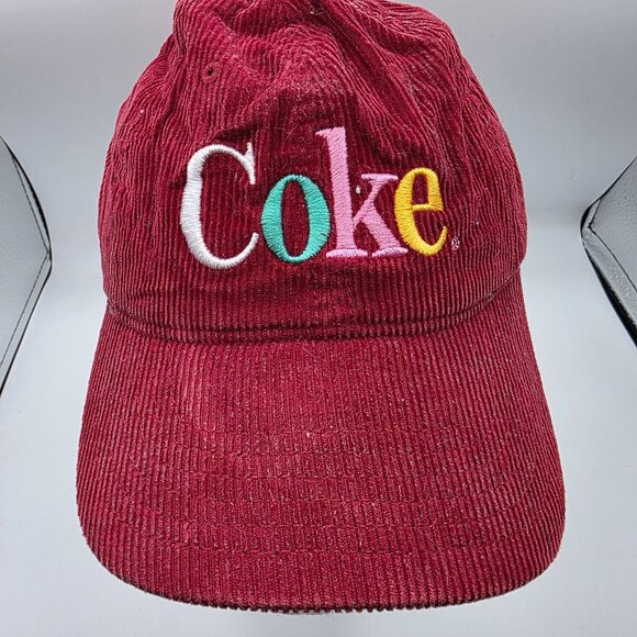 Coca Cola Multicolor Logo Corduroy Baseball Cap Adjustable Burgundy Cotton Hat - Picture 10 of 10
